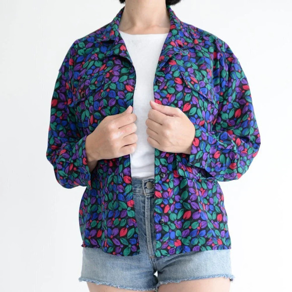 Vintage Black Green Blue Red Floral Button Up Long Sleeve Blouse - Picture 3 of 15